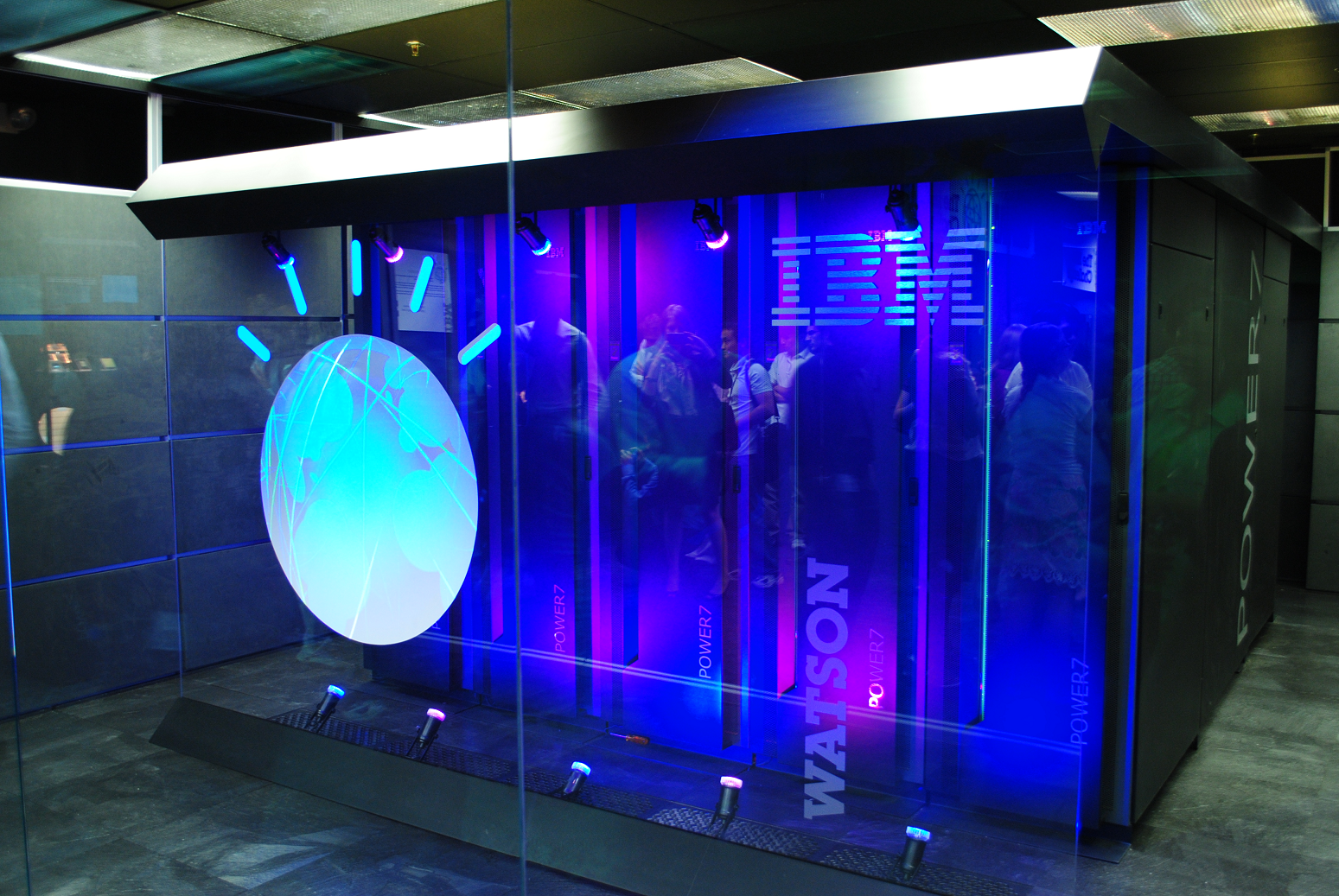 Early IBM Watson cognitive computing system installed behind glass at the Thomas J. Watson Research Center