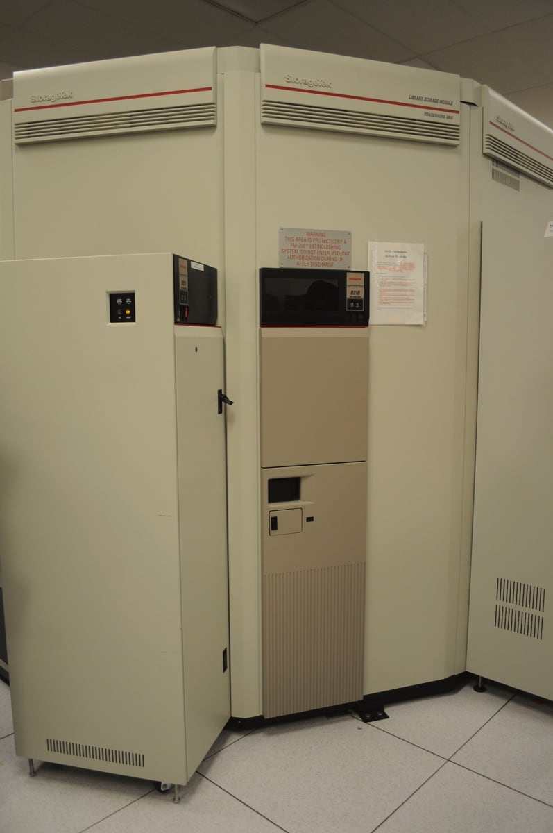 Large StorageTek automated tape library installed in a data-center room at NERSC