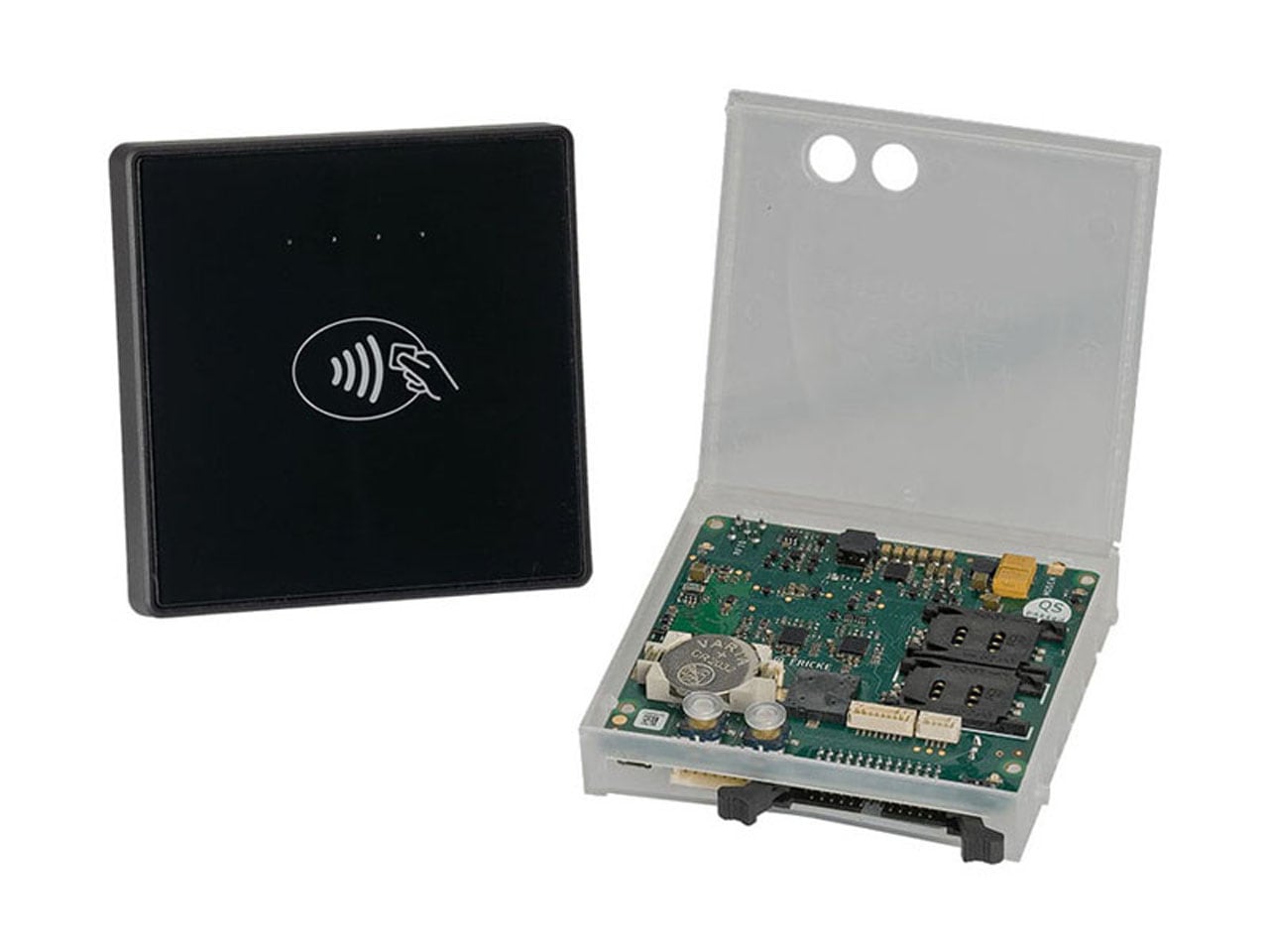 Opened contactless payment terminal showing the card reader and embedded circuit board