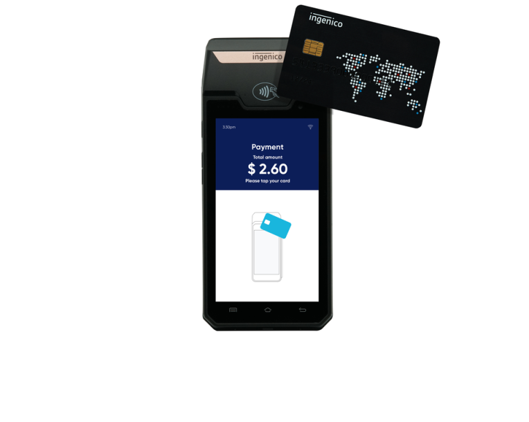 Contactless payment terminal displaying a tap-to-pay transaction beside a payment card
