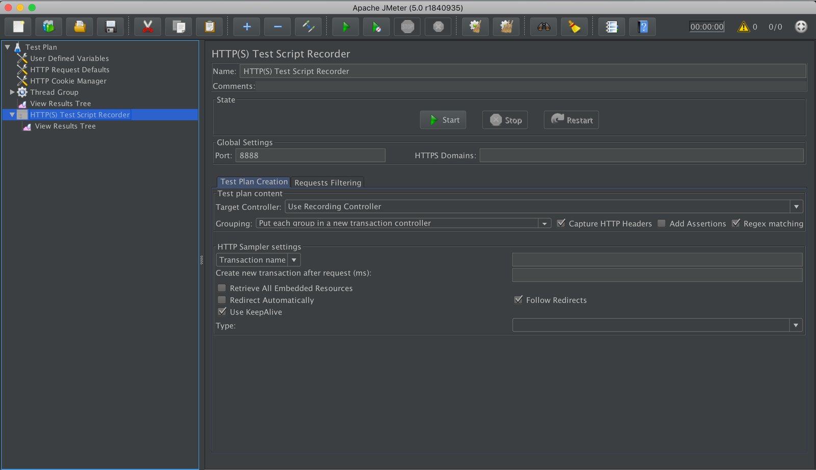 Apache JMeter 5.0 window showing an HTTP test script recorder and a structured test-plan tree