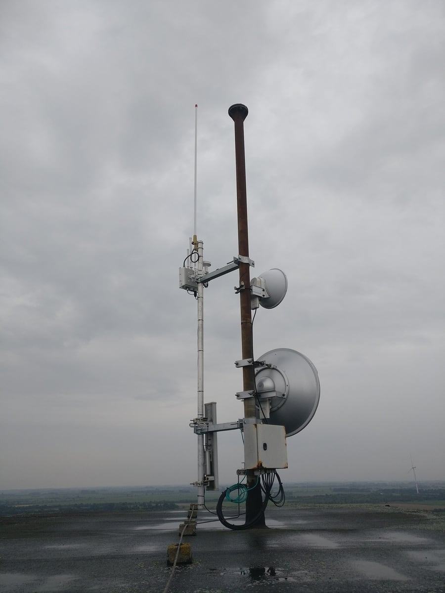 LoRaWAN gateway and point-to-point radio antennas installed on an outdoor mast