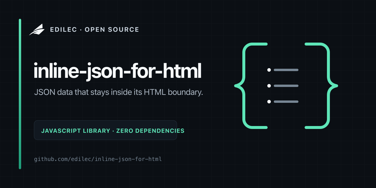 Edilec open-source graphic for inline-json-for-html, with a JSON brace representing data kept inside its HTML boundary.