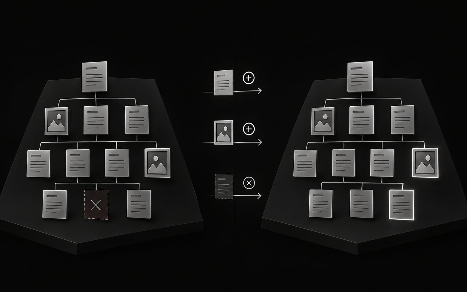 Sitemap page and image groups before and after a release, in black and white