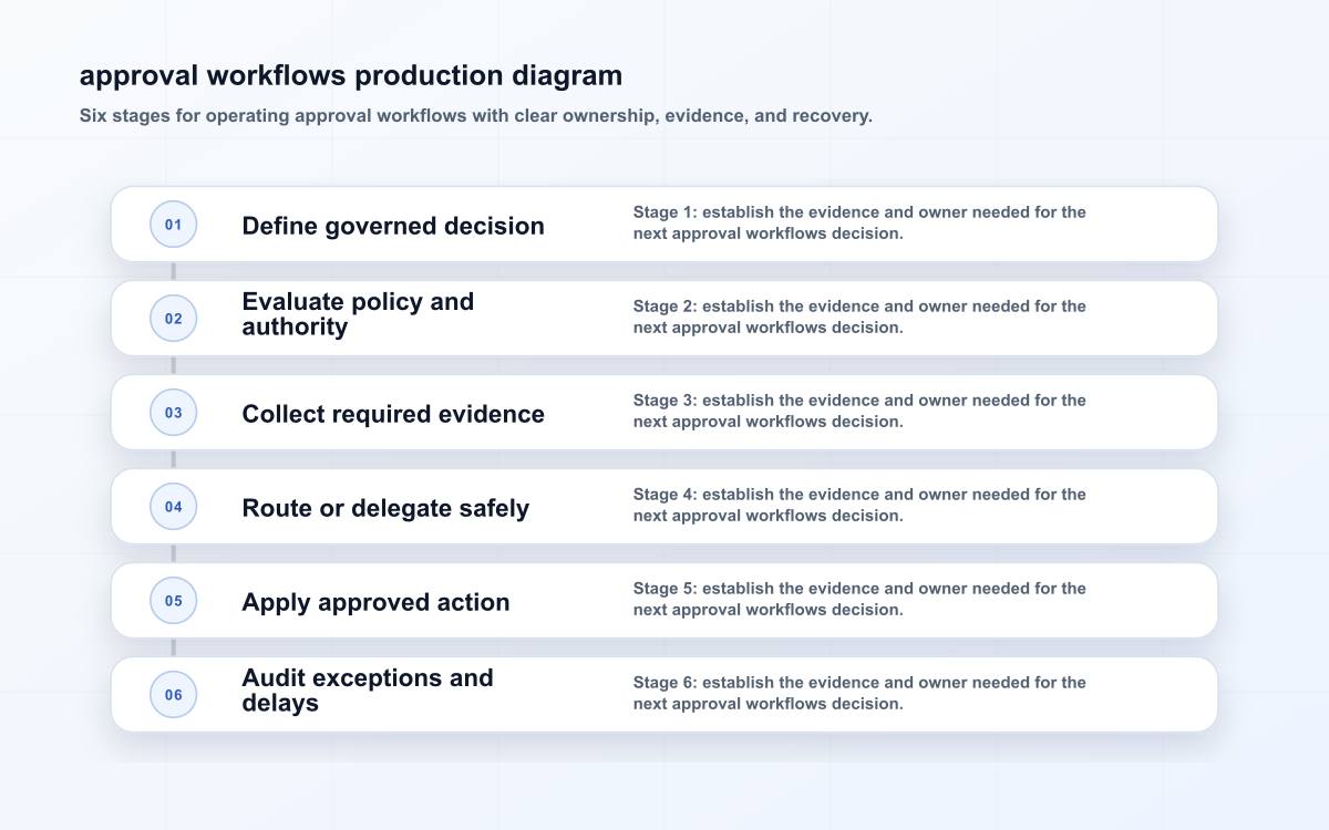 Six-stage approval workflows diagram showing define governed decision, evaluate policy and authority, collect required evidence, route or delegate safely, apply approved action, audit exceptions and delays.