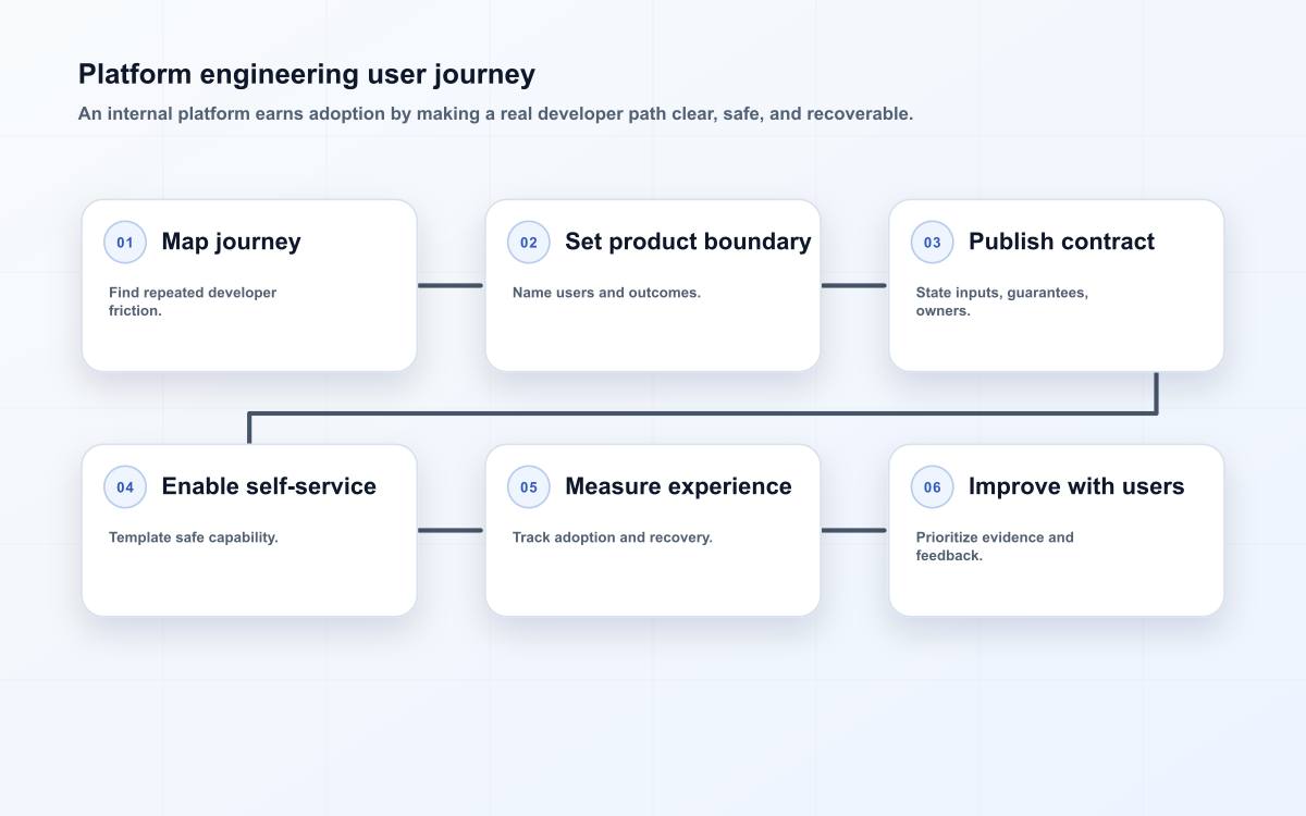 Six-stage platform engineering flow from user journey to maintained internal product.