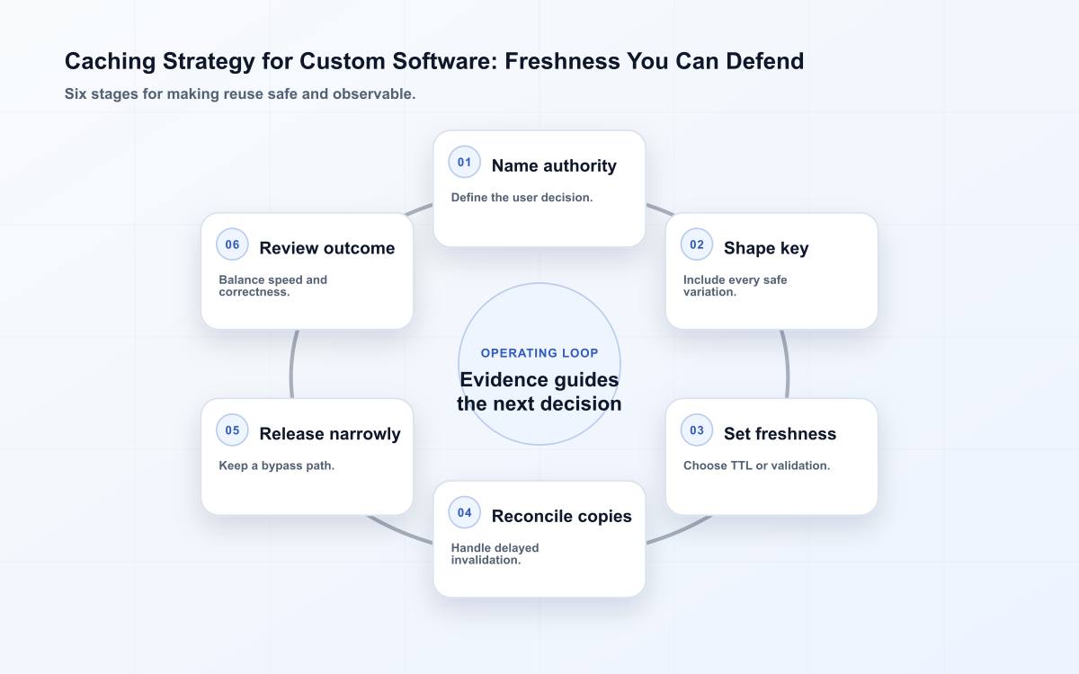 Six-stage caching strategy loop from authority to freshness review.