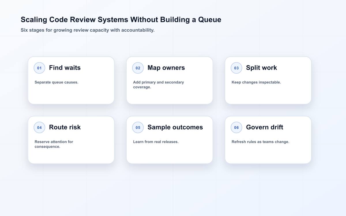 Six-stage code review systems scaling matrix from ownership to governance.