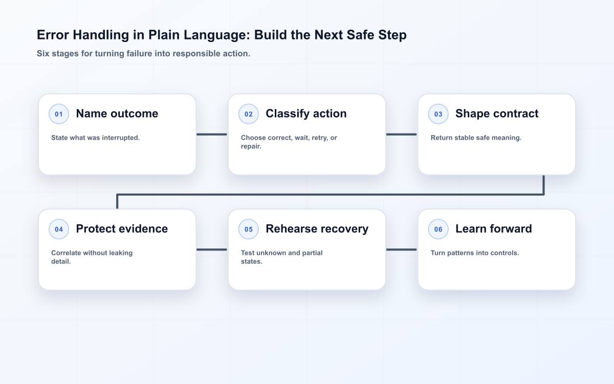 Six-stage error handling route from interrupted outcome to reviewed recovery.