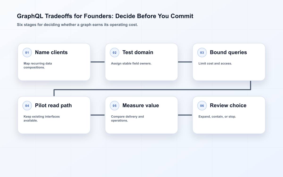 Six-stage GraphQL founder decision path from client variation to measured adoption.