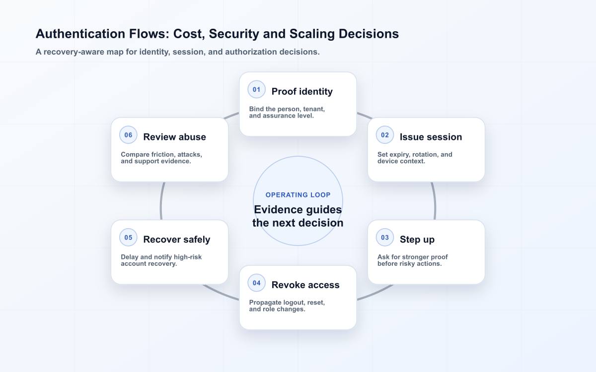 Authentication Flows: Cost, Security and Scaling Decisions: six-stage authentication decision diagram