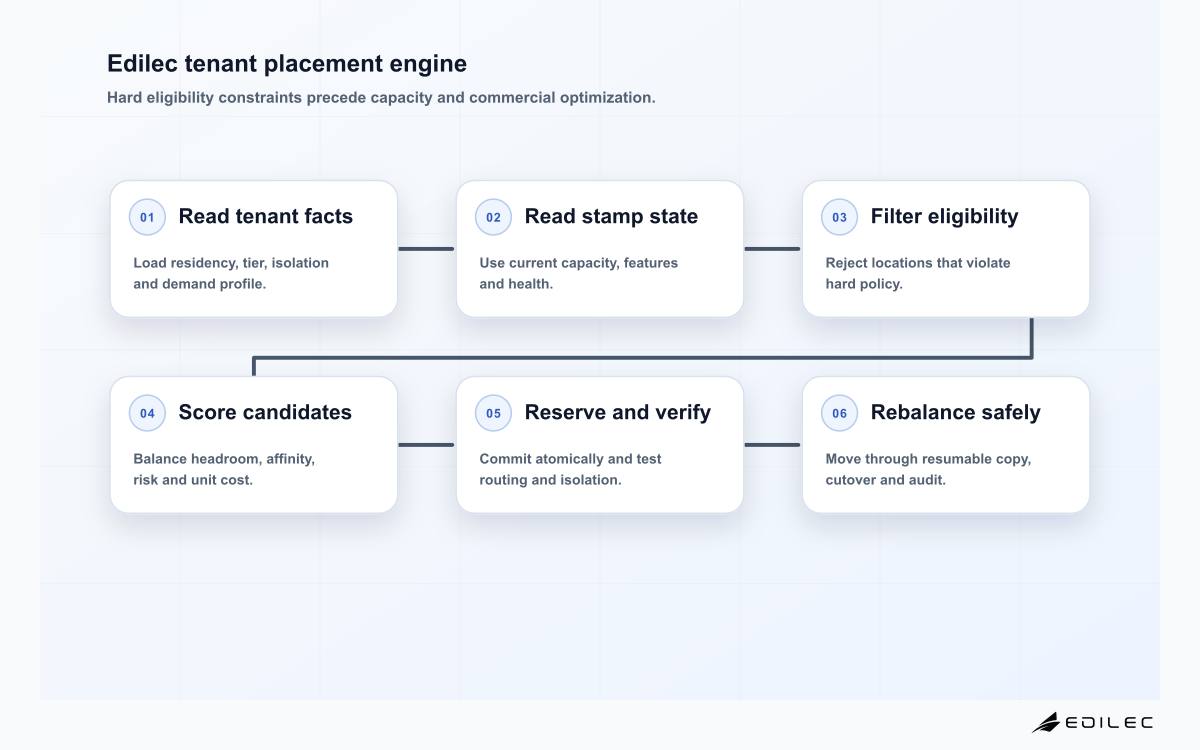 Six-stage Edilec tenant-aware workload placement flow from tenant facts and stamp inventory through eligibility filtering, scoring, reservation, verification and rebalancing.