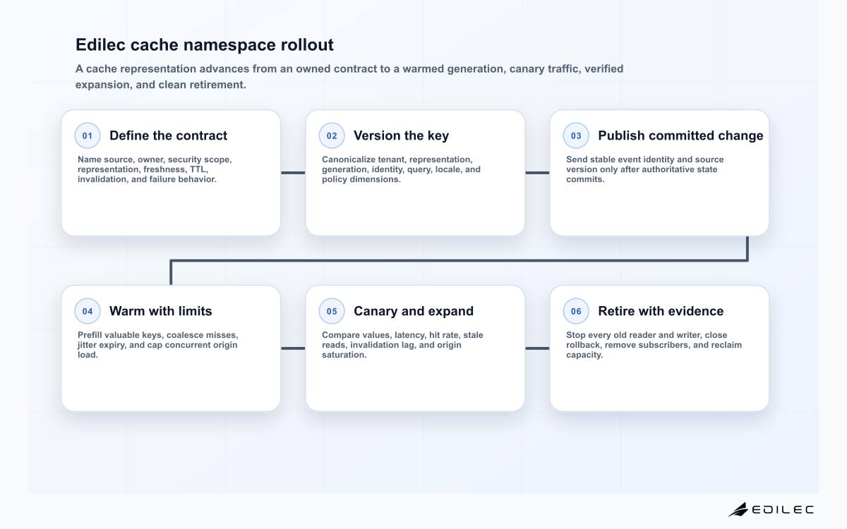 Six-stage Edilec cache key versioning diagram covering contract, key schema, committed invalidation, warmup, canary expansion, and old namespace retirement.