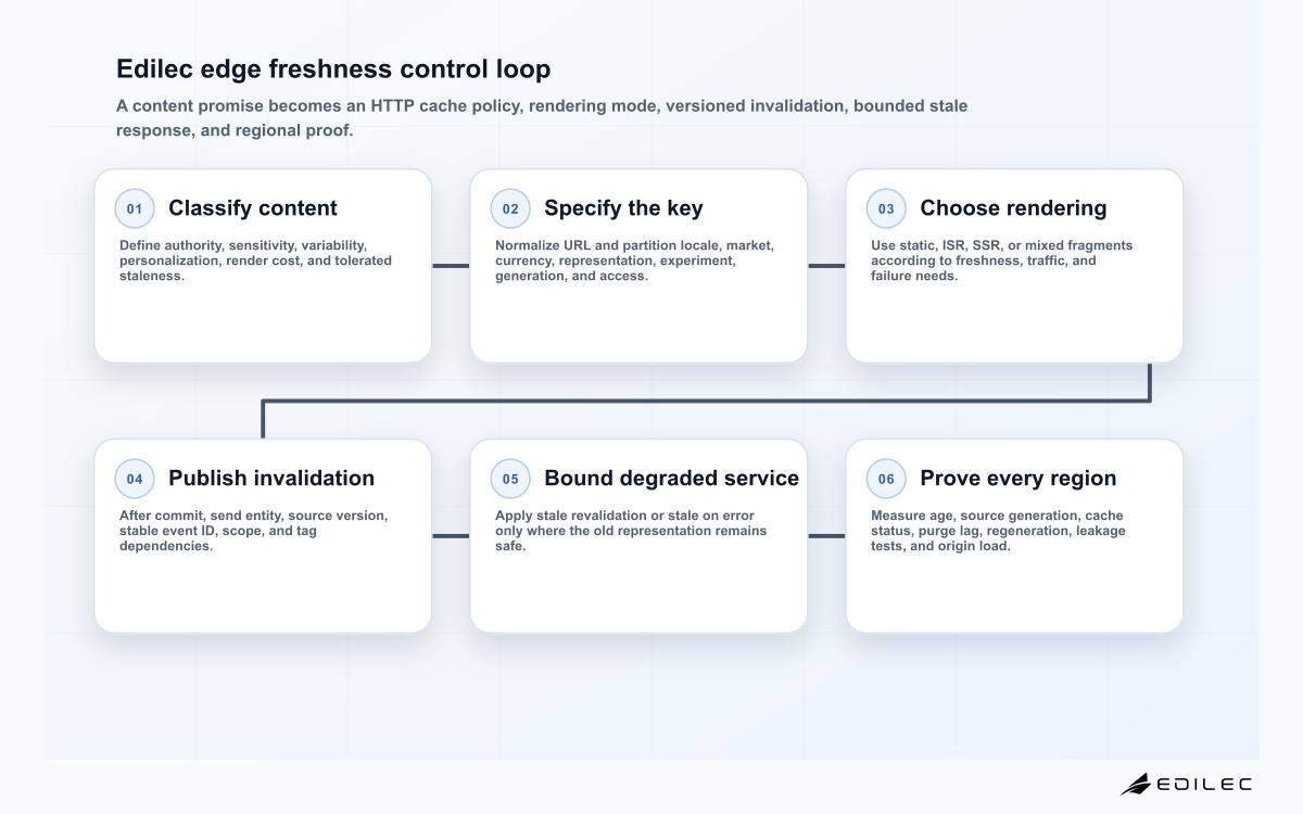 Six-stage Edilec edge rendering and cache invalidation diagram covering content classification, cache keys, SSR or ISR, purge events, stale serving, and correctness monitoring.