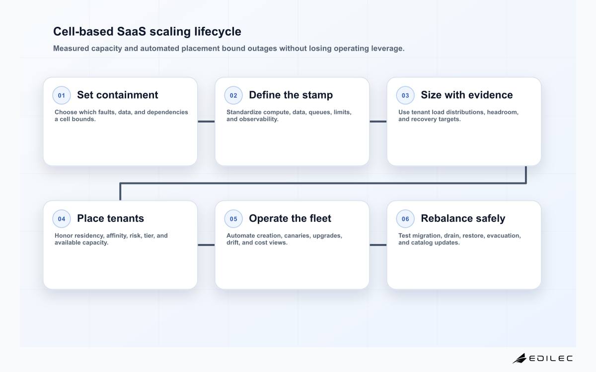 Six-stage cell-based SaaS lifecycle from isolation objective and cell template through sizing, tenant placement, fleet deployment, and evacuation testing