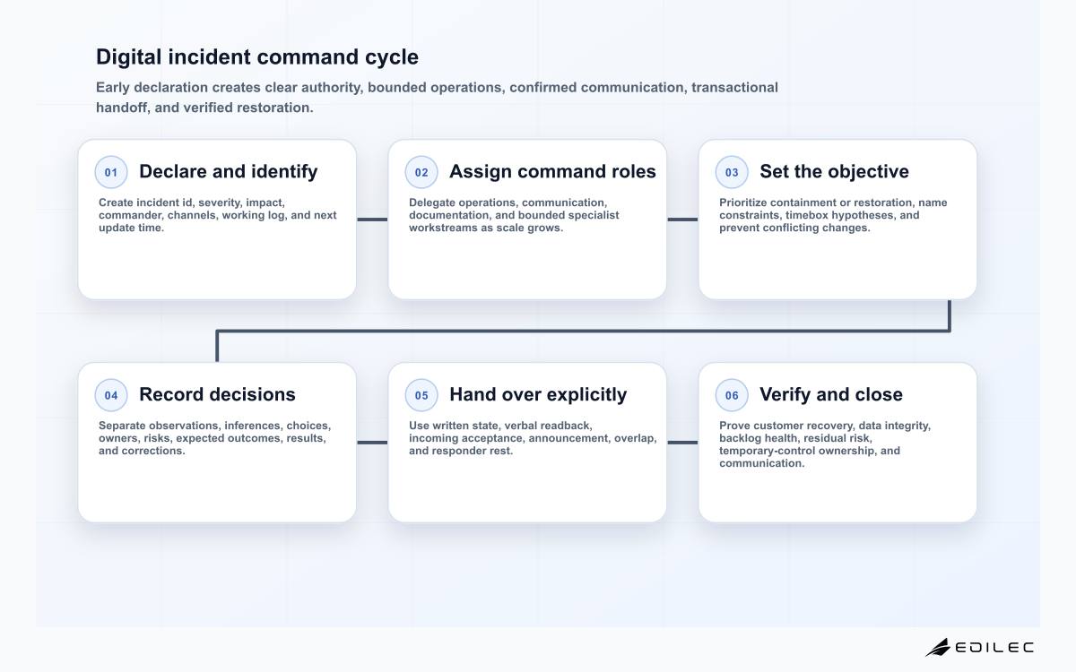 Six-stage IT incident command cycle covering declaration, role assignment, objectives, decision logging, command handoff, and recovery closure.
