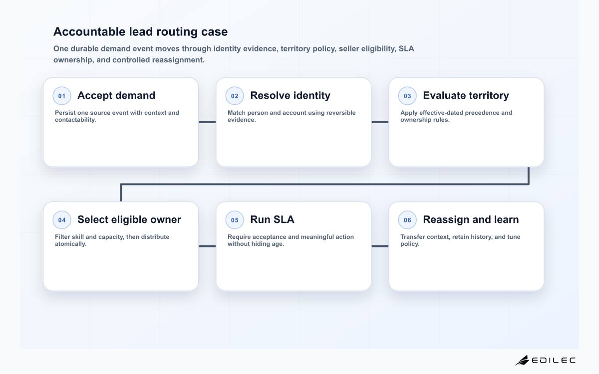 Six-stage revenue operations lead routing flow from idempotent intake and identity-account resolution through territory decision, eligible seller distribution, SLA acceptance, and reassignment learning.