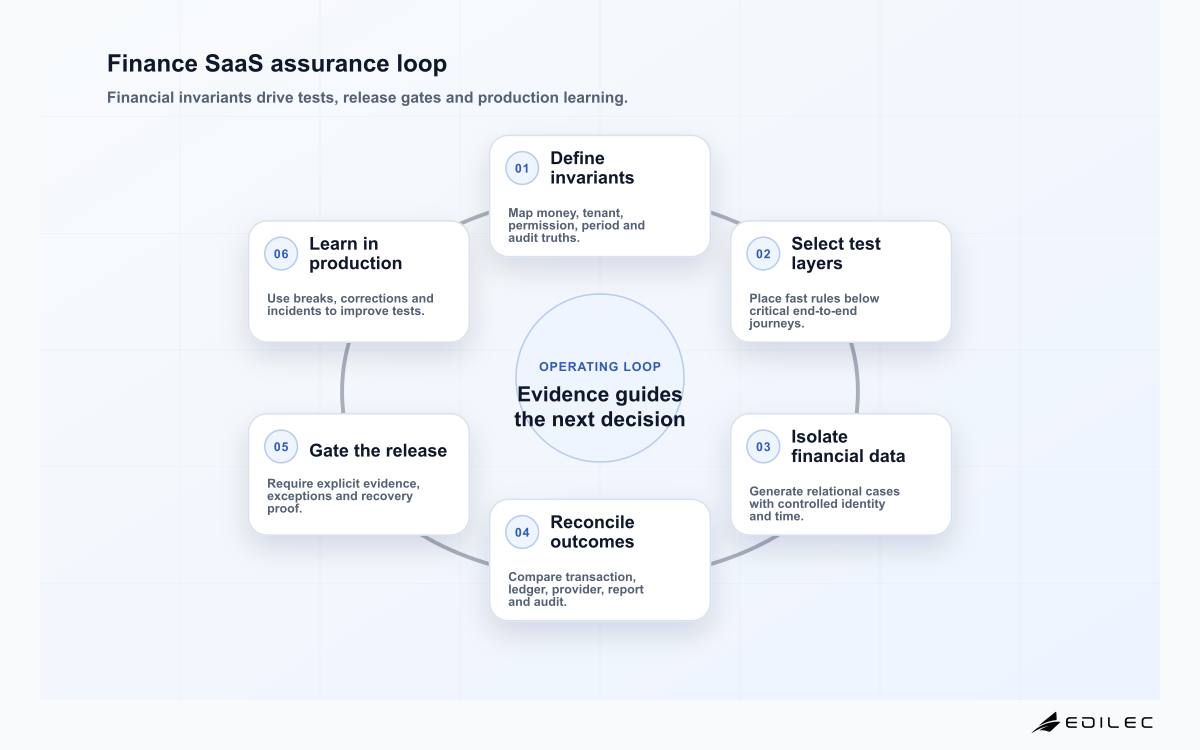 QA automation for SaaS finance six-stage assurance loop from financial risk to production learning