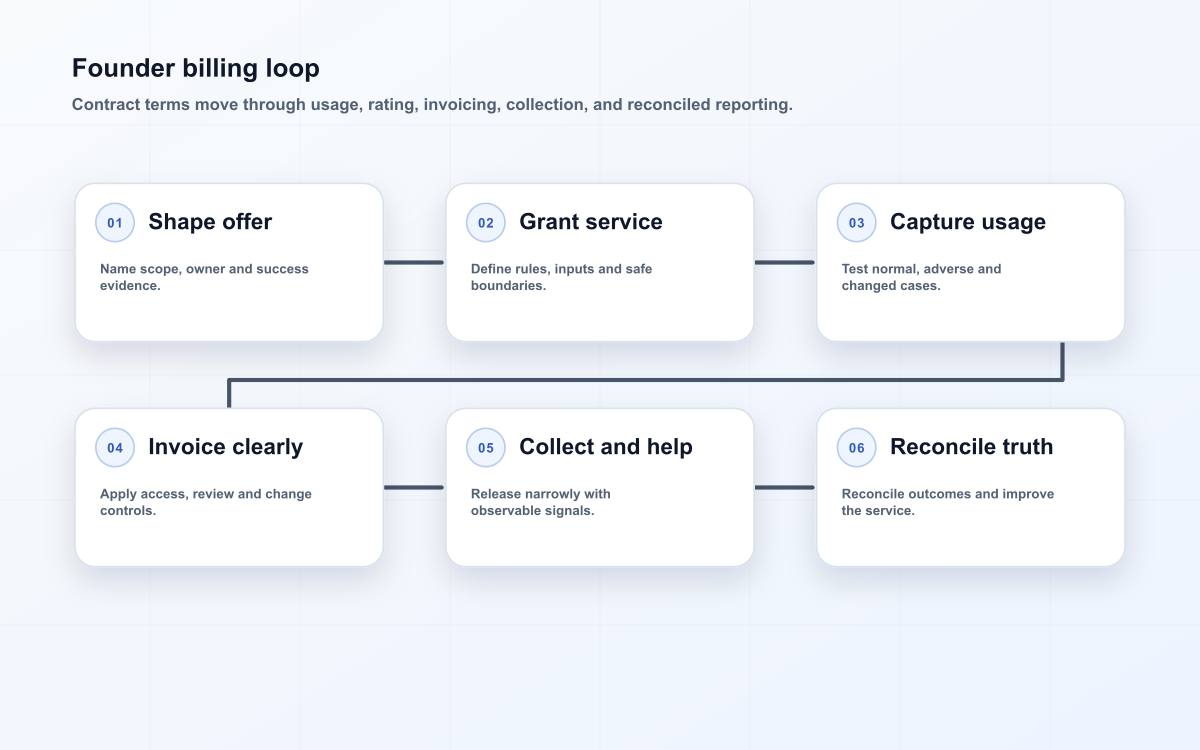 Six-stage billing operations for founders operating model from scope and evidence through controls, release, reconciliation, and review.