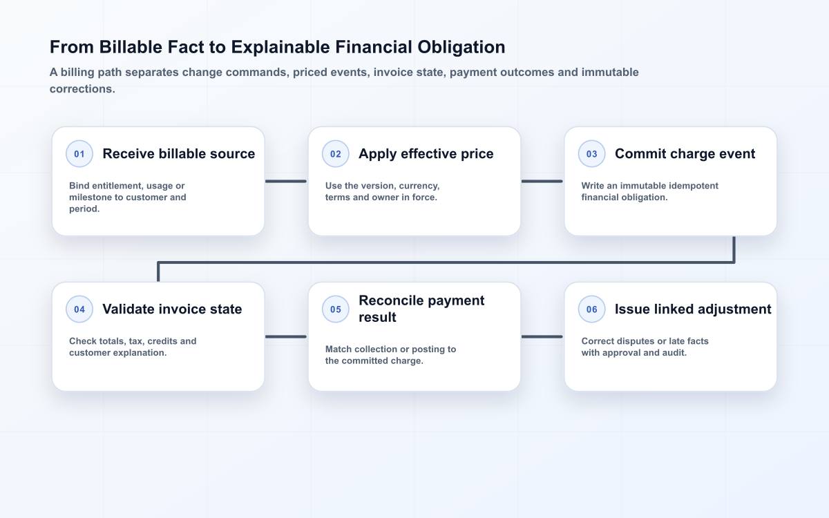 Six-stage enterprise billing flow covering billable source, price version, charge commitment, invoice validation, payment reconciliation and adjustment.