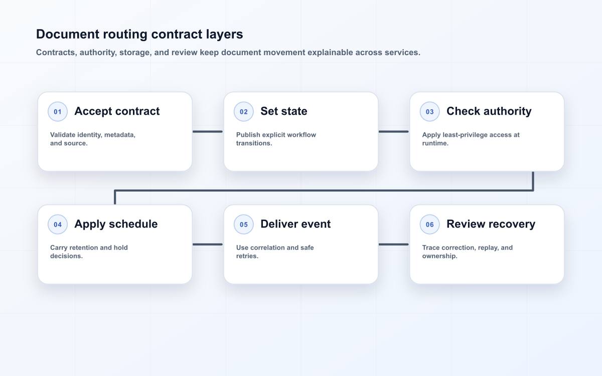 Layered document routing architecture showing intake contracts, classification, permissions, storage, downstream queues, and governance review.