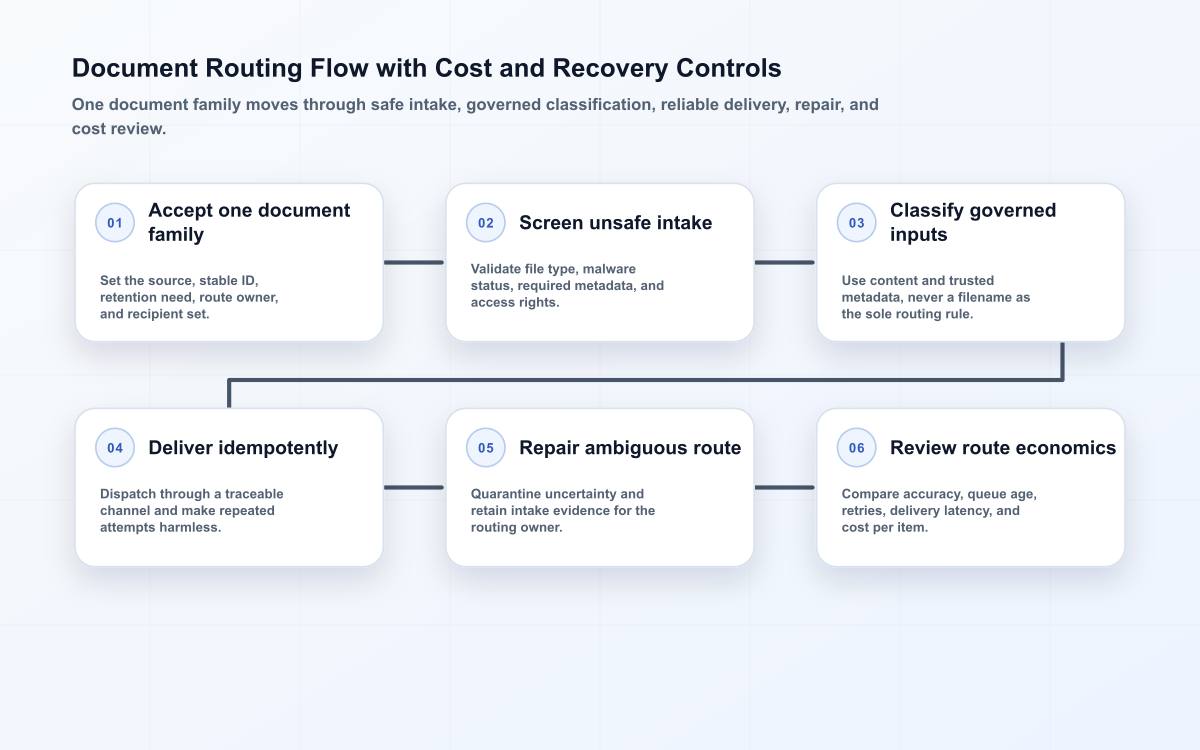 Controlled document routing flow from one document family through safe intake, governed classification, idempotent delivery, repair, and cost review.