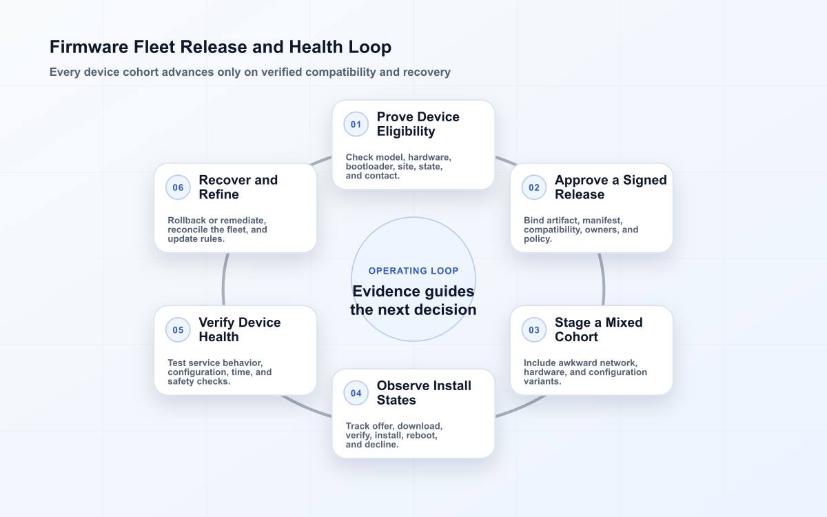 Six-stage firmware fleet loop covering eligibility inventory, signed release, representative cohort, installation states, functional health, and rollback learning.
