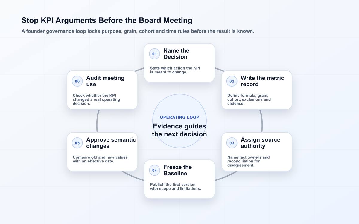 Six-stage founder KPI governance loop covering decision purpose, metric record, source authority, baseline, change approval and board-use review.