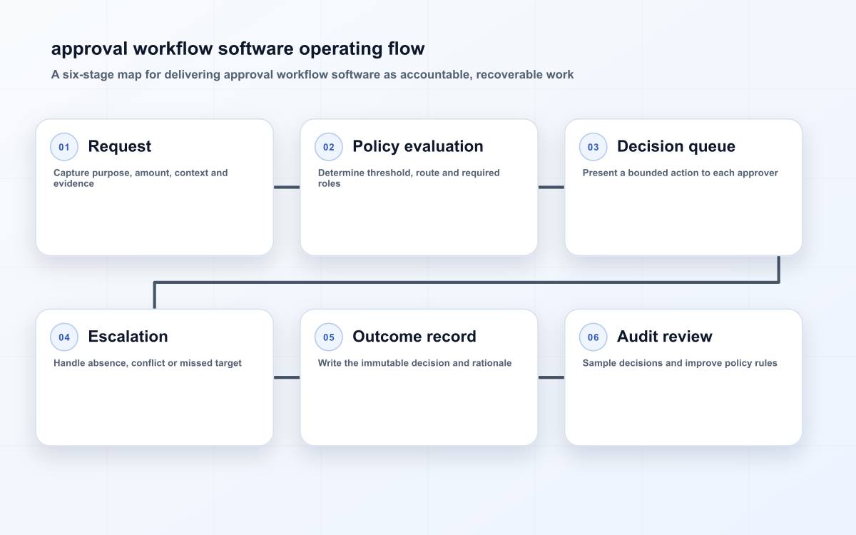 Six-stage approval workflow from a documented request through policy routing, accountable decisions, escalation and audit review.