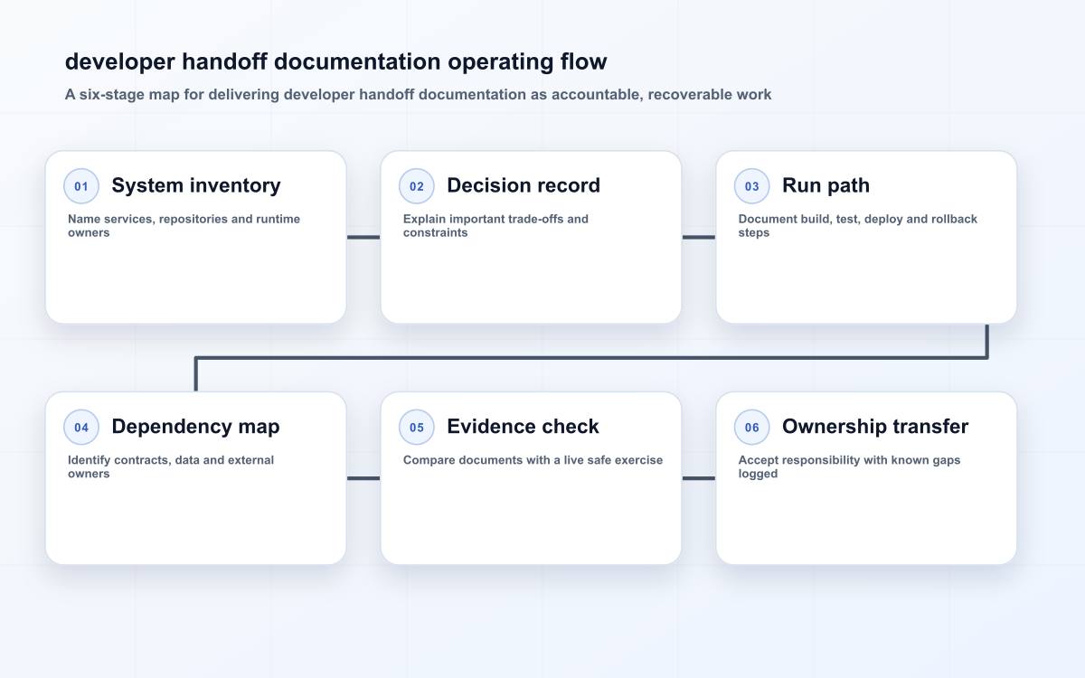 Six-stage developer handoff flow covering system inventory, decision records, run procedures, dependencies, live evidence and ownership transfer.