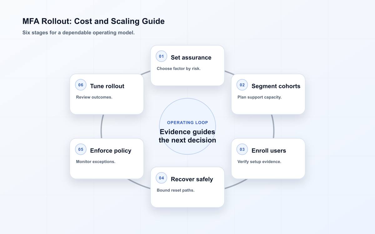 Six-stage mfa rollout: cost and scaling guide diagram.