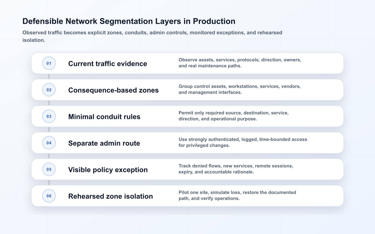 Six-layer production network segmentation model from observed traffic through zones, conduits, administration, exceptions, and isolation drills.