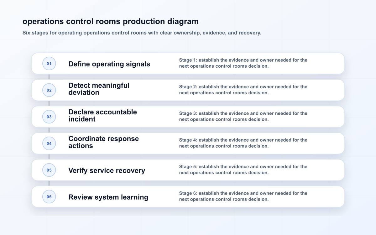 Six-stage operations control rooms diagram showing define operating signals, detect meaningful deviation, declare accountable incident, coordinate response actions, verify service recovery, review system learning.