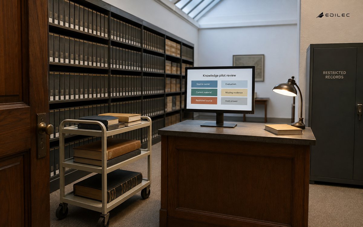 A reading room reviews source ownership and evidence before a knowledge-base pilot answer is used.