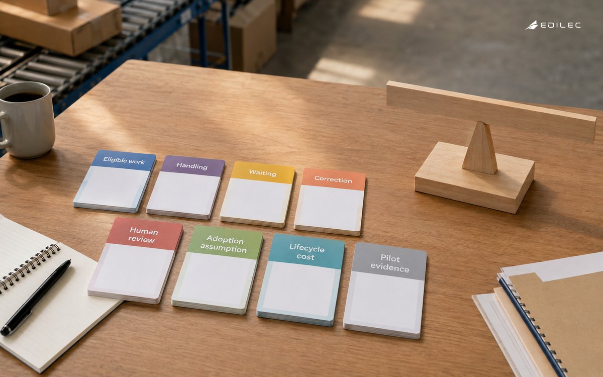 A parcel sorting business planning desk holds workflow baseline cards and a blank-sided wooden balance model.