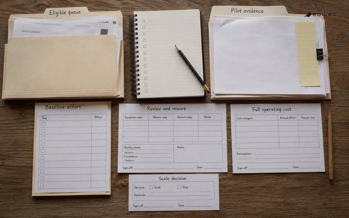 An invoice-queue study weighs pilot evidence, review effort and full operating cost before a scale decision.