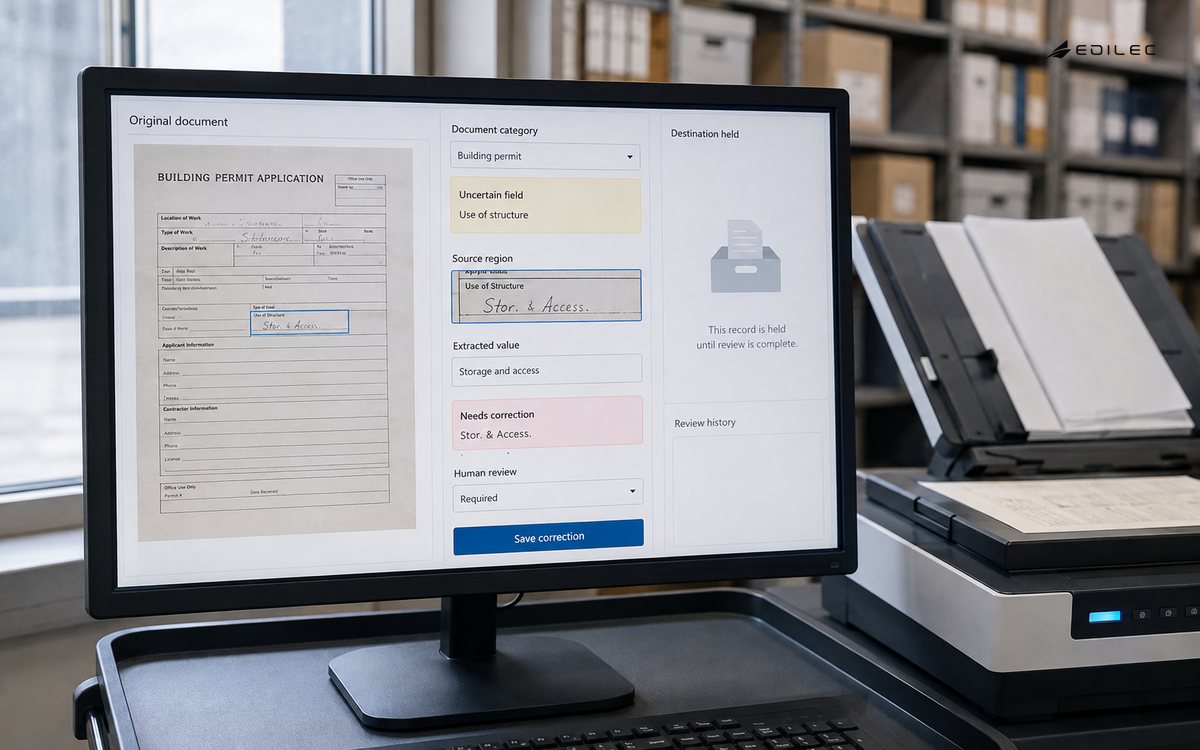 Close-up of a real opaque desktop monitor on a records digitization cart beside a scanner in a building permits archive.