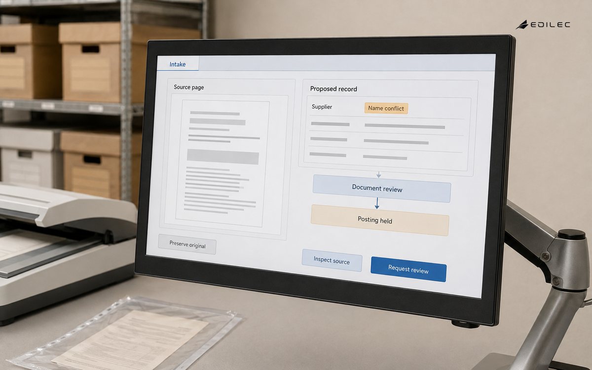 A document-intake display compares a source page with a proposed record held for review.