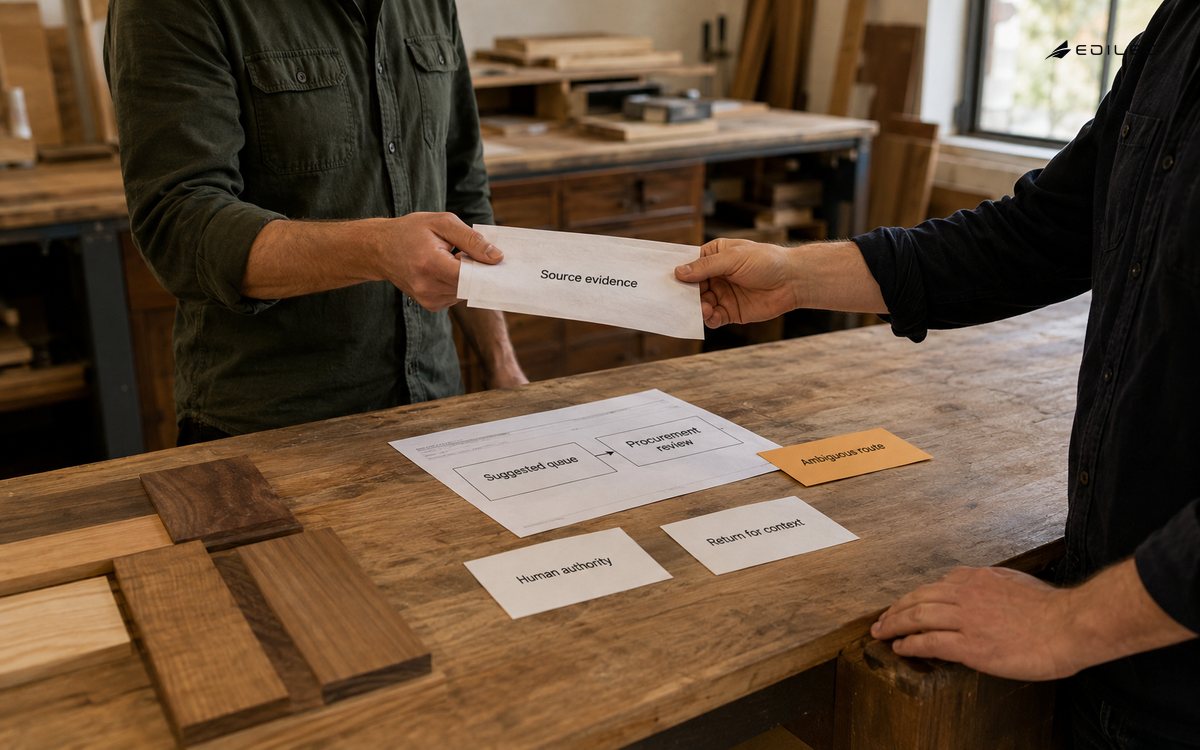 Standing staff hand over source evidence beside a routing form marked for human review.