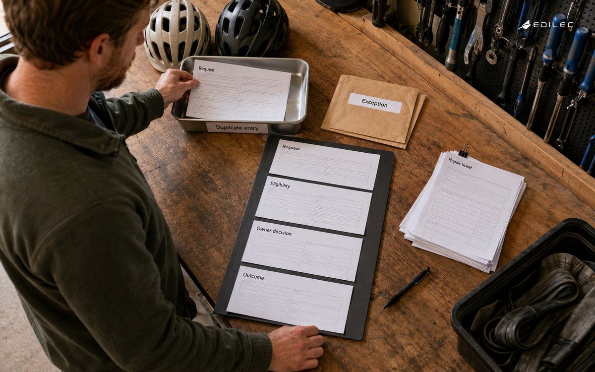 A coordinator holds a duplicate intake form beside eligibility, ownership, outcome and exception steps.