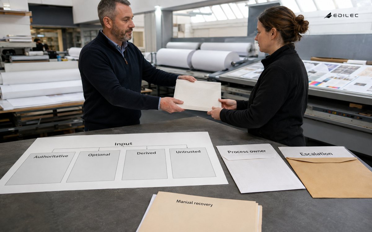 Print-shop colleagues hand over work beside input-authority and escalation planning cards.