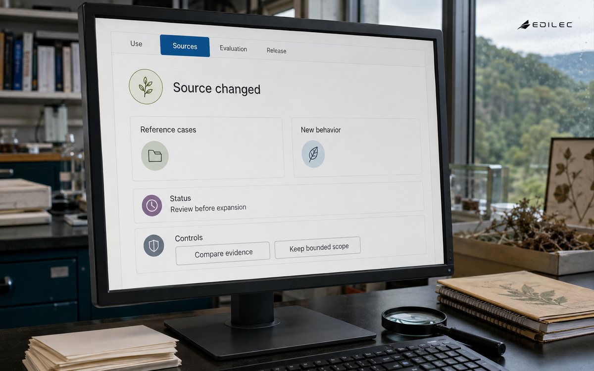 A data-and-AI release review compares reference cases after a source change before expanding scope.