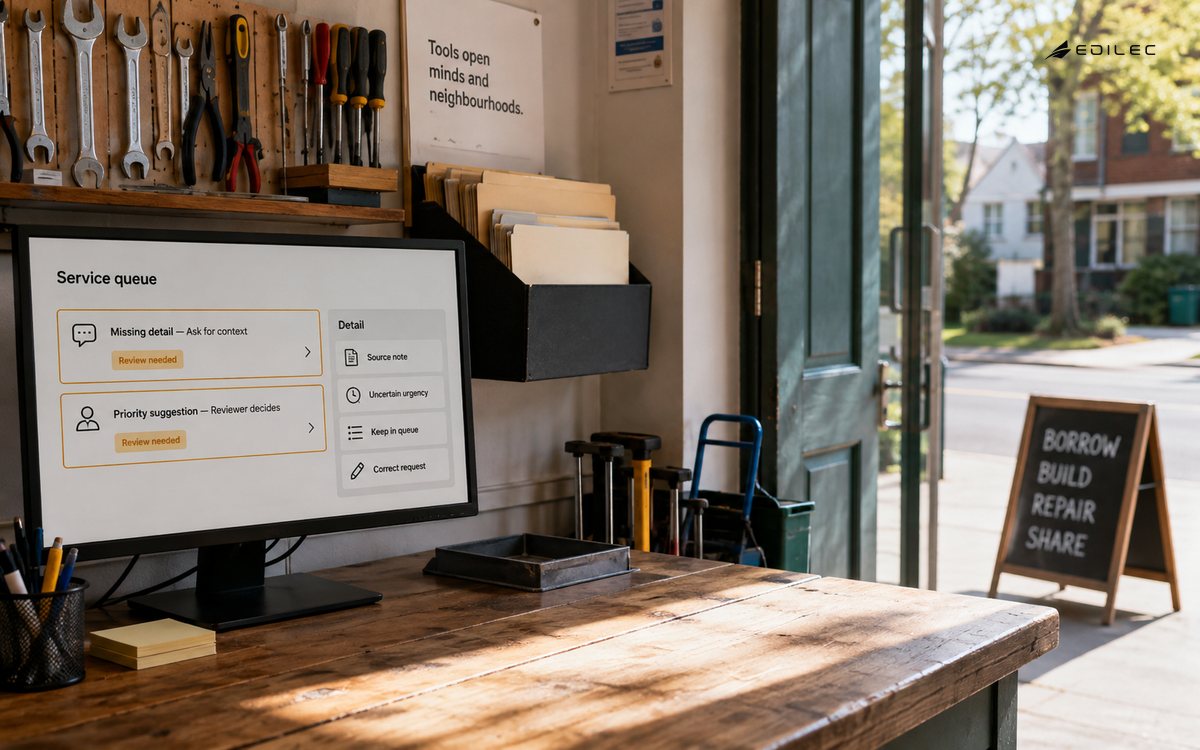 A tool-lending service display keeps uncertain requests in the queue for review and correction.