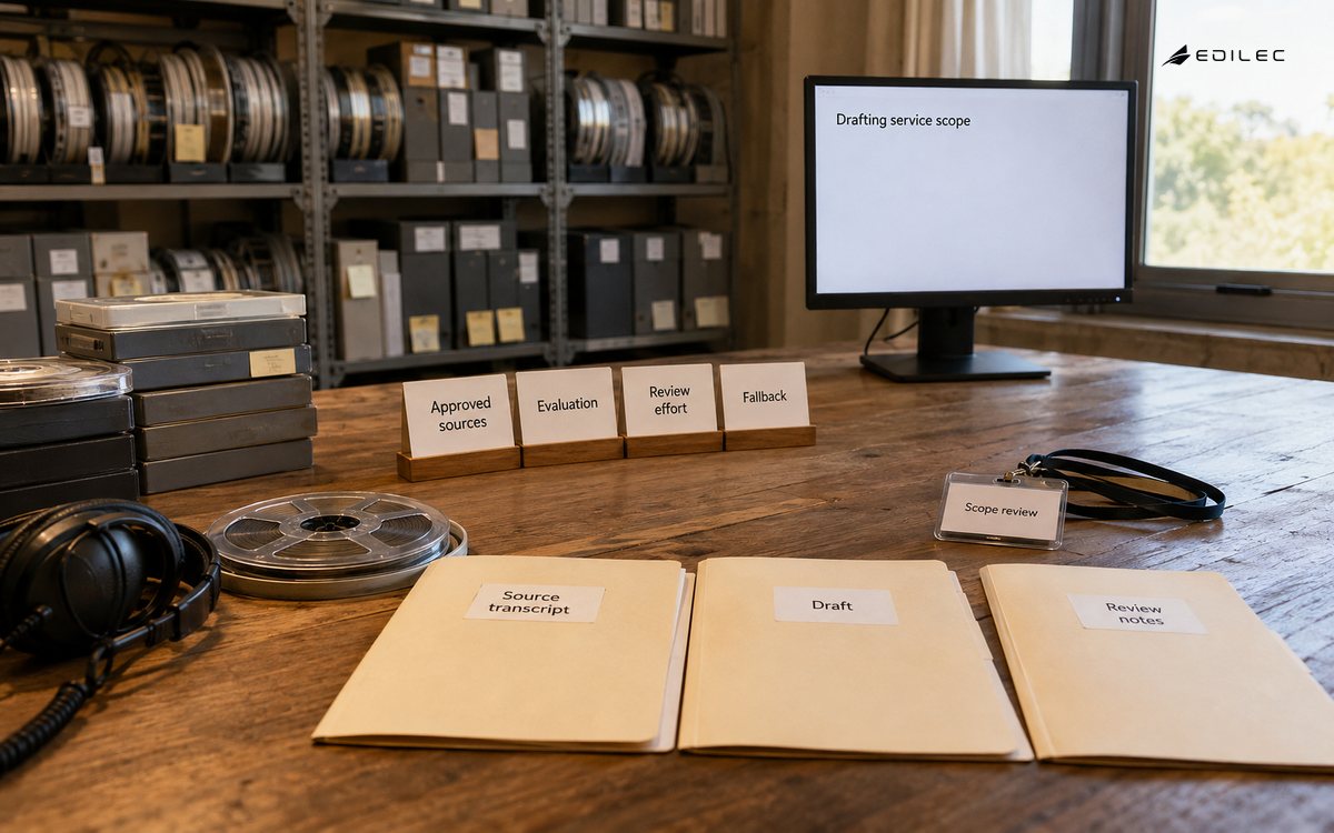 An oral-history workbench pairs source transcripts with a scoped drafting-service review.
