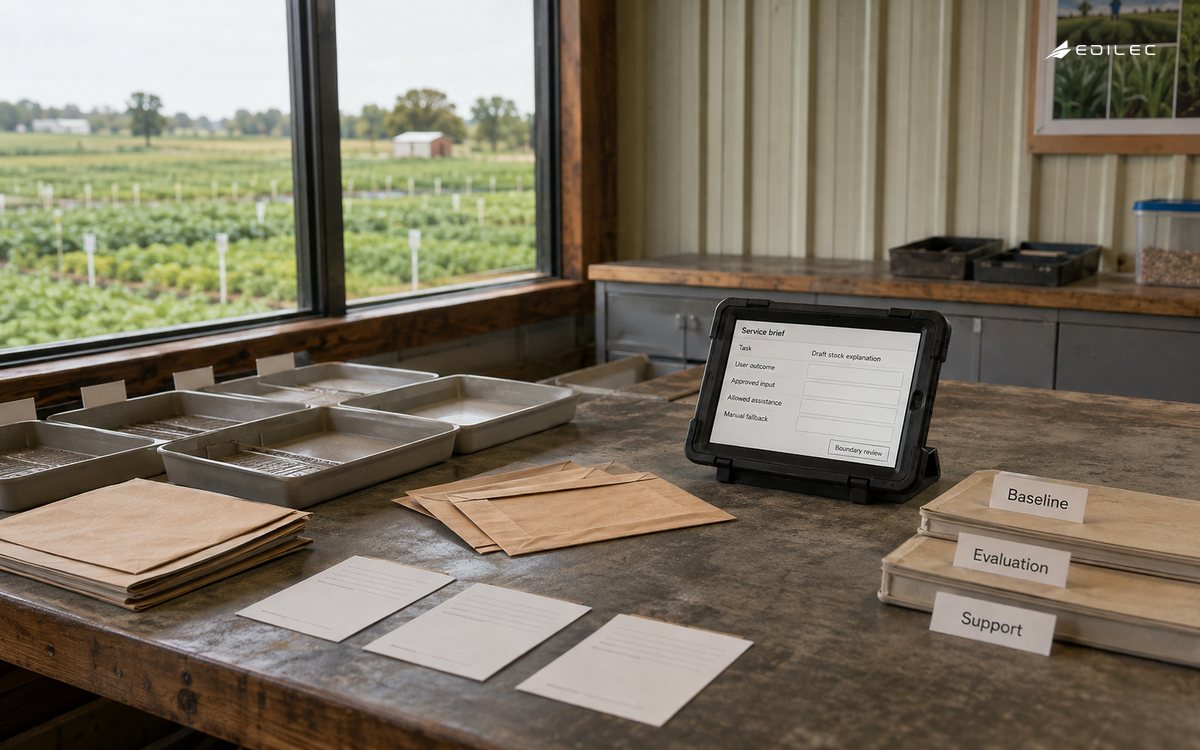 A seed cooperative frames a bounded AI assistance task with approved inputs and a manual fallback.