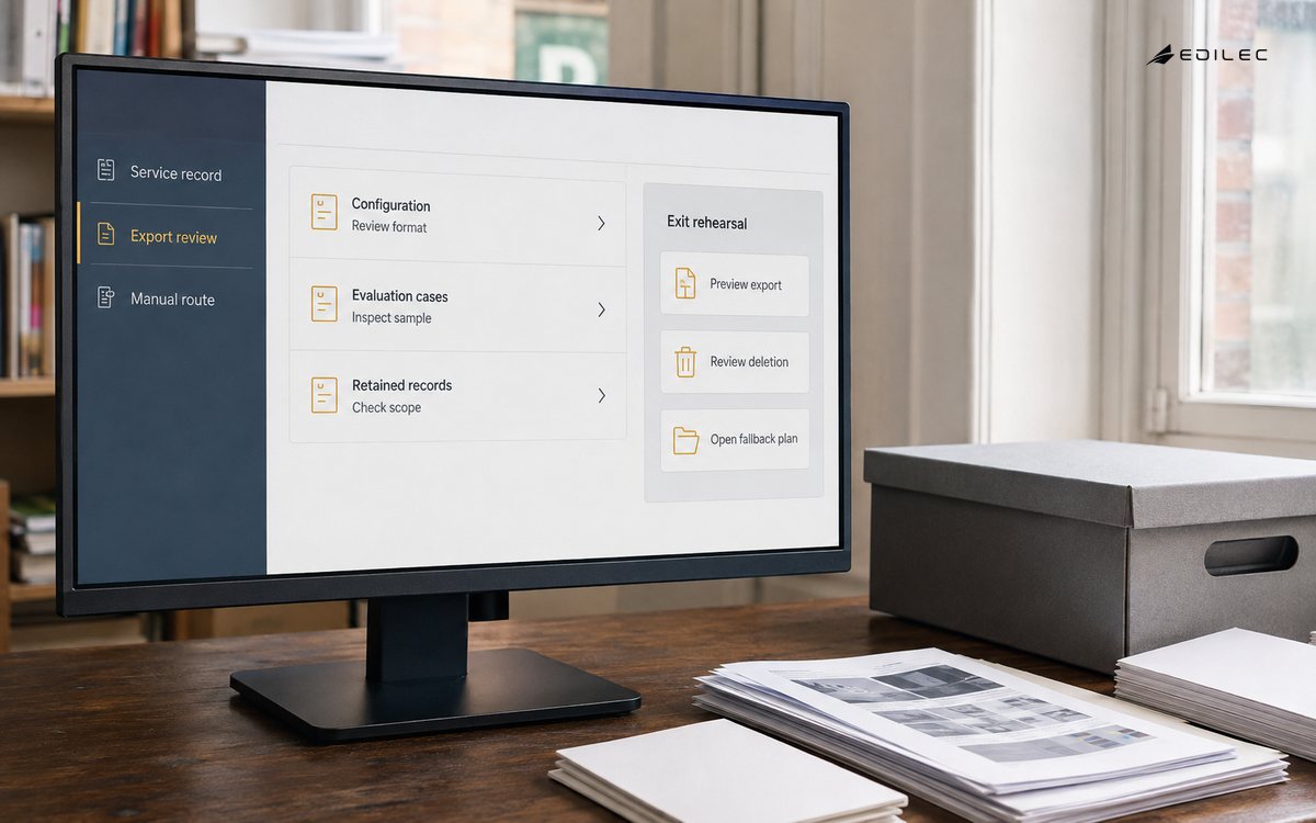 An AI-service exit review pairs export scope with a manual continuity plan.