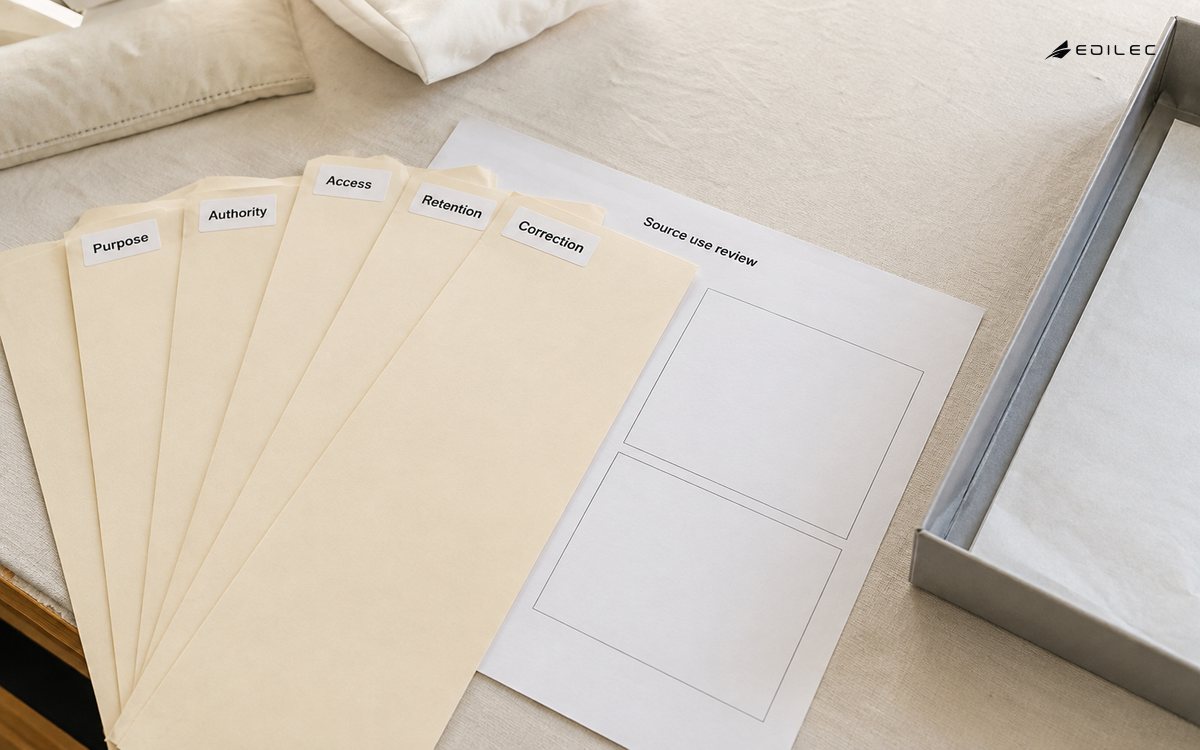 Source-use folders cover purpose, authority, access, retention and correction on a museum accession bench.