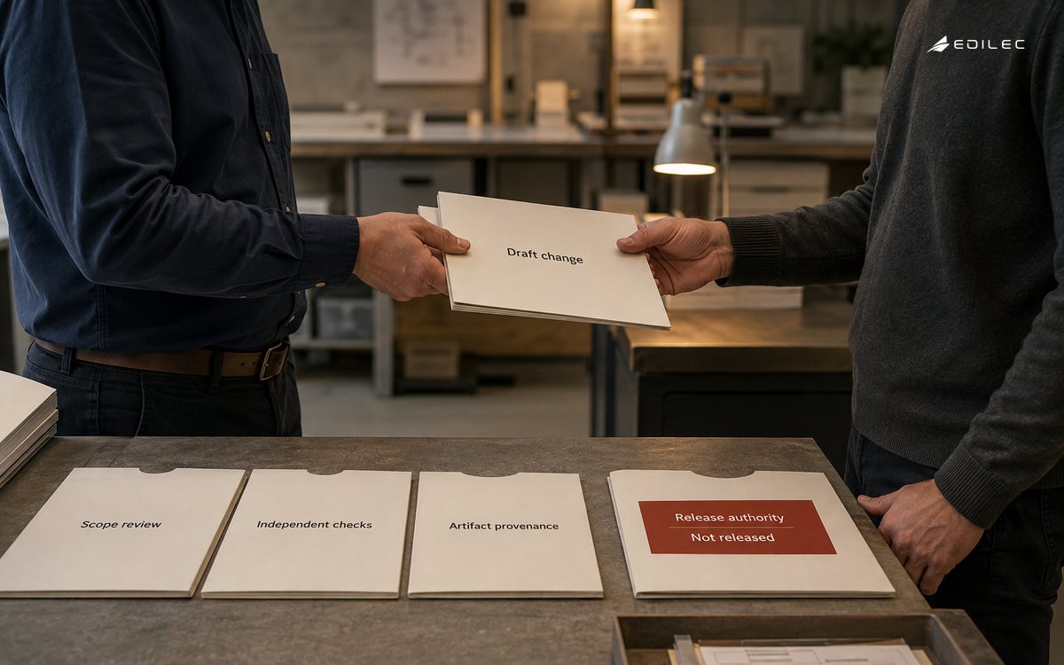 Engineering colleagues hand over a draft change beside independent-check and release-authority records.