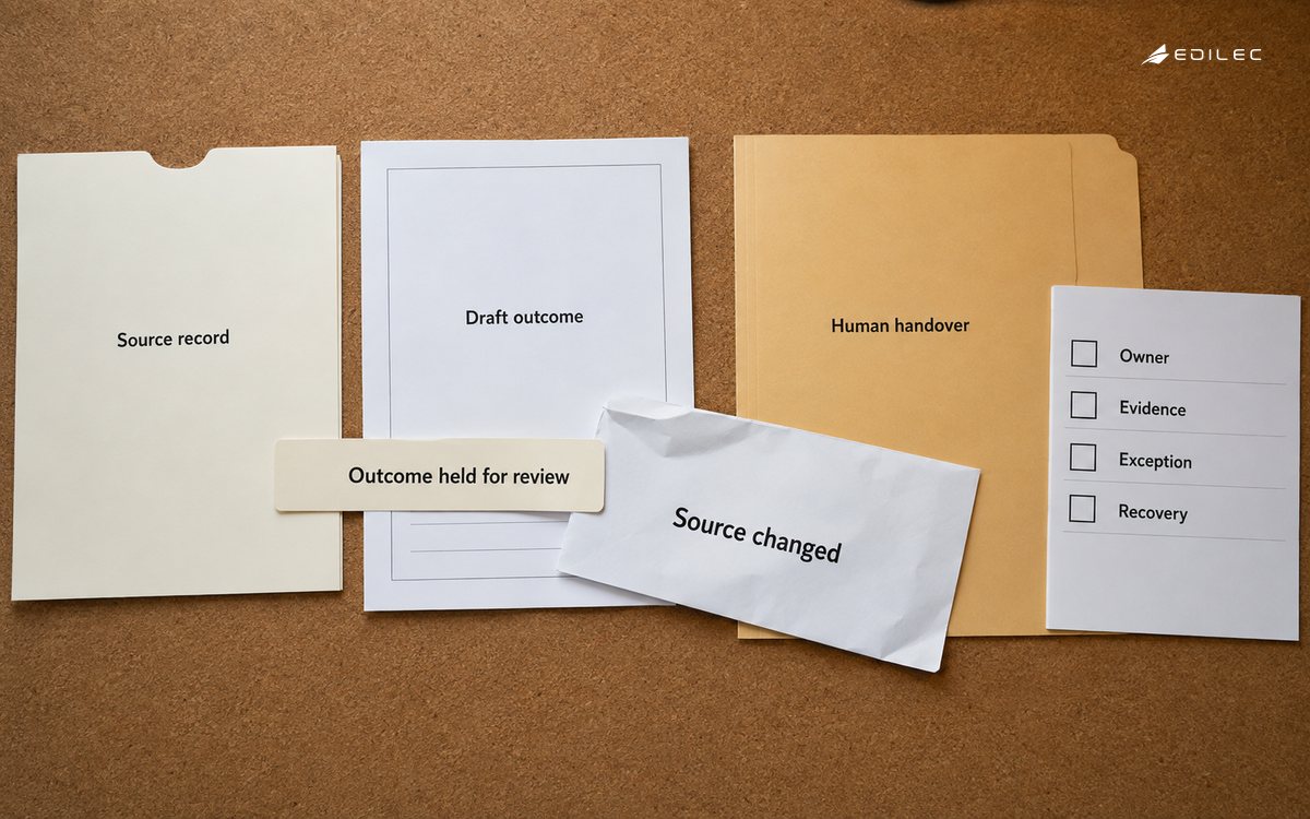 A changed-source envelope interrupts a draft business outcome and routes it to human review.
