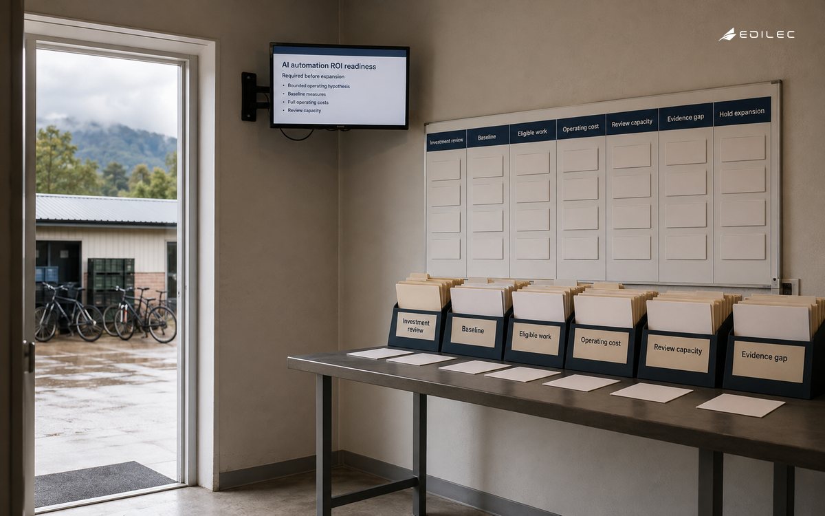 A cooperative planning room reviews automation readiness against baseline and operating-cost evidence.